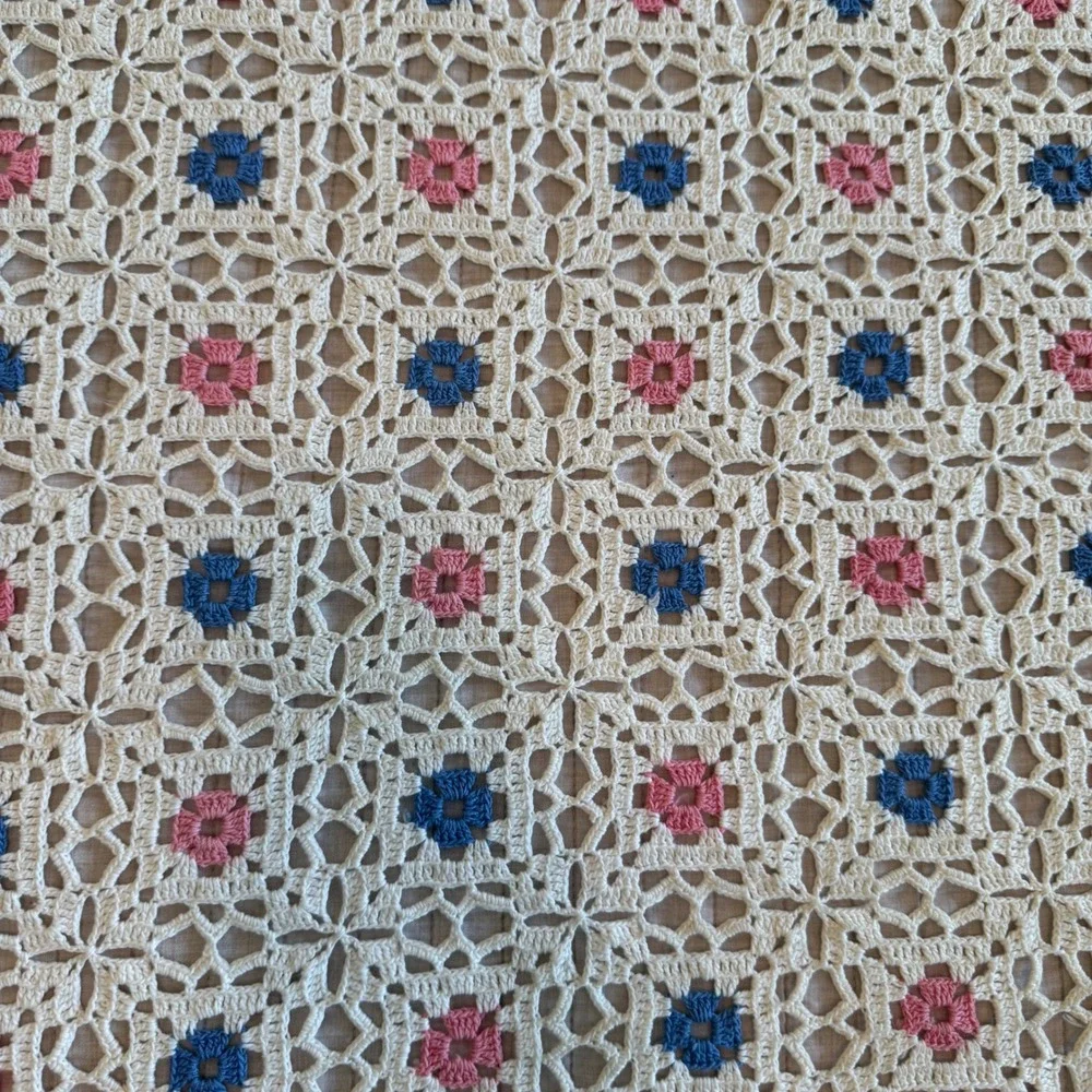Vintage Handmade Crochet Bedspread Cream Pink Blue Floral Granny Square Coverlet